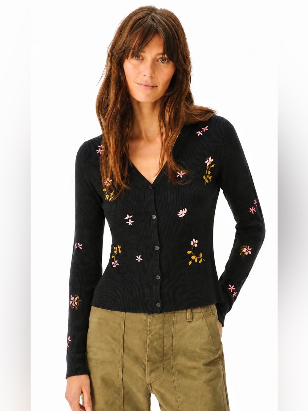 NWOT Favorite Daughter Ribbed V-Neck Captivating Cardigan Black w/Floral | XS